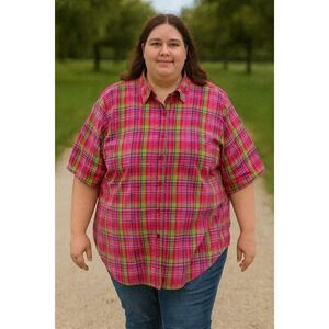 VTG Carolina Colours Plus Women 18W Pink Plaid Button Down Shirt Casual MomCore